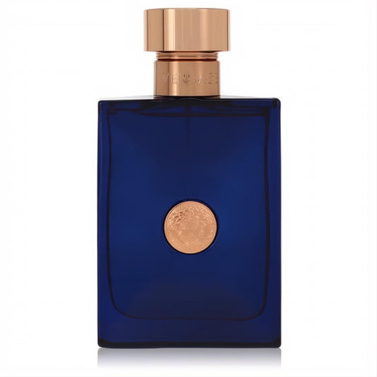 Versace Dylan Blue 3.4 oz men's fragrance. Striking deep blue bottle, luxurious rose gold cap, and iconic Medusa emblem.