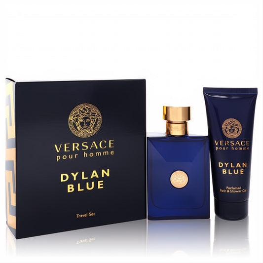 Versace Pour Homme Dylan Blue men's gift set. Bold blue cologne, shower gel, and gold Medusa logo box.