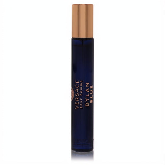 Versace Pour Homme Dylan Blue .3 oz mini EDT spray: sleek dark blue bottle with a luxurious rose gold cap.
