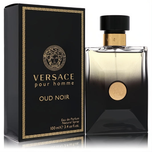Luxurious Versace Pour Homme Oud Noir 3.4 oz EDP. Black and gold box with Greek key border, elegant gradient glass bottle featuring Medusa.