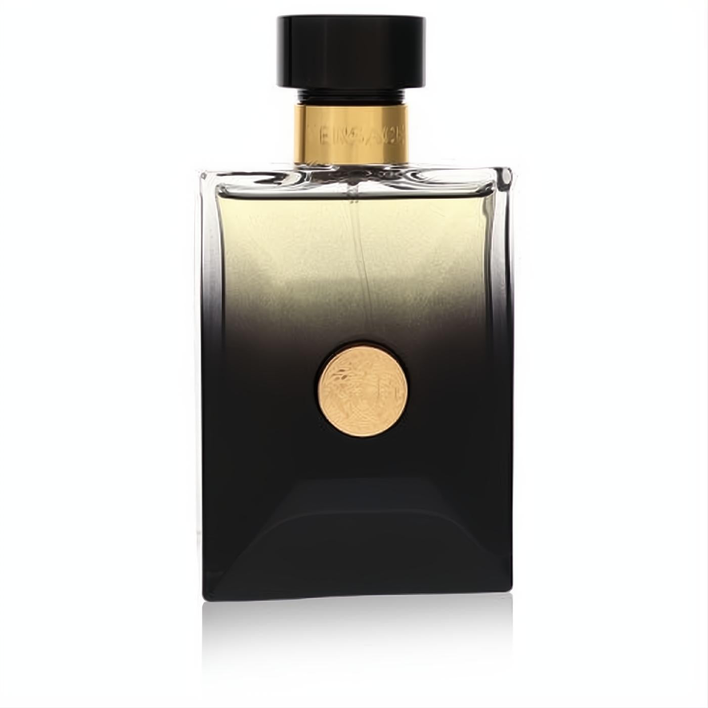Elegant Versace Pour Homme Oud Noir men's EDP tester. Sleek black-to-clear bottle with a striking gold Medusa logo.