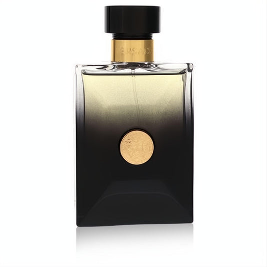 Elegant Versace Pour Homme Oud Noir men's EDP tester. Sleek black-to-clear bottle with a striking gold Medusa logo.