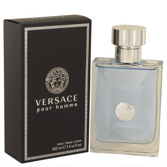 Luxurious Versace Pour Homme After Shave Lotion 3.4 oz. Sleek black box, clear bottle with refreshing blue liquid and iconic silver Medusa.
