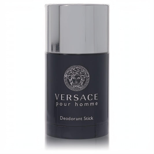 Luxurious Versace Pour Homme men's deodorant stick. Dark blue, sleek silver cap, iconic Medusa logo.