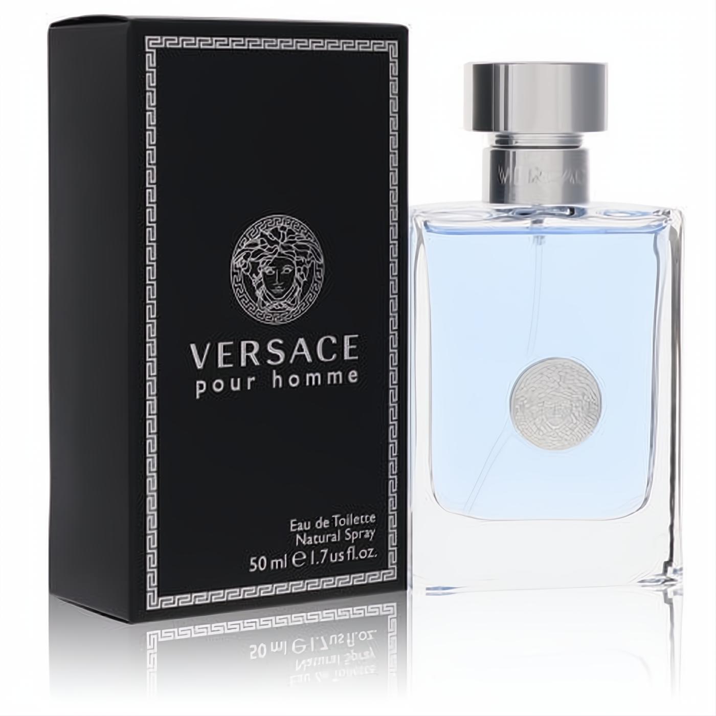 Versace Pour Homme 1.7 oz EDT. Refreshing light blue fragrance in a clear glass bottle with silver Medusa logo, next to its elegant black box.
