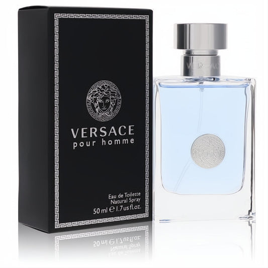 Versace Pour Homme 1.7 oz EDT. Refreshing light blue fragrance in a clear glass bottle with silver Medusa logo, next to its elegant black box.
