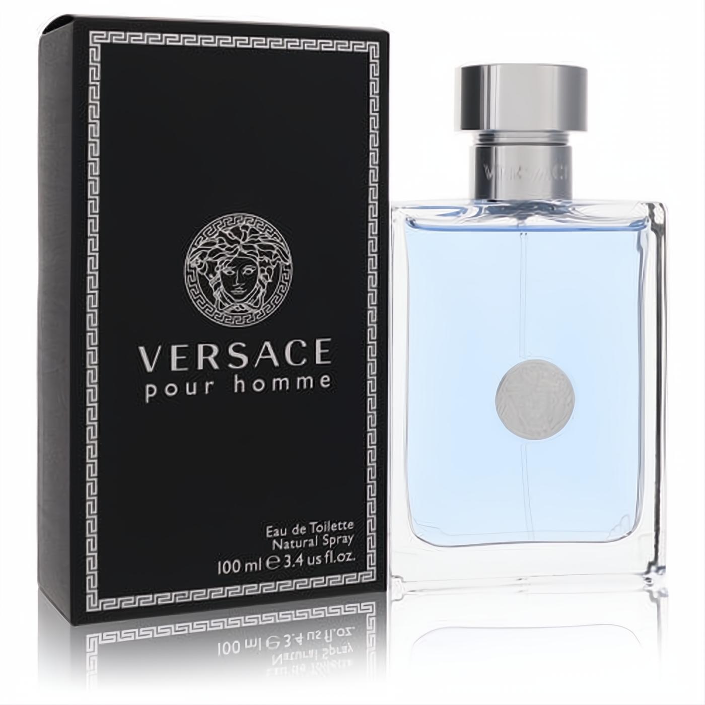 Versace Pour Homme 3.4 oz EDT spray. Clear glass bottle with light blue fragrance, silver Medusa logo, and luxurious black box.