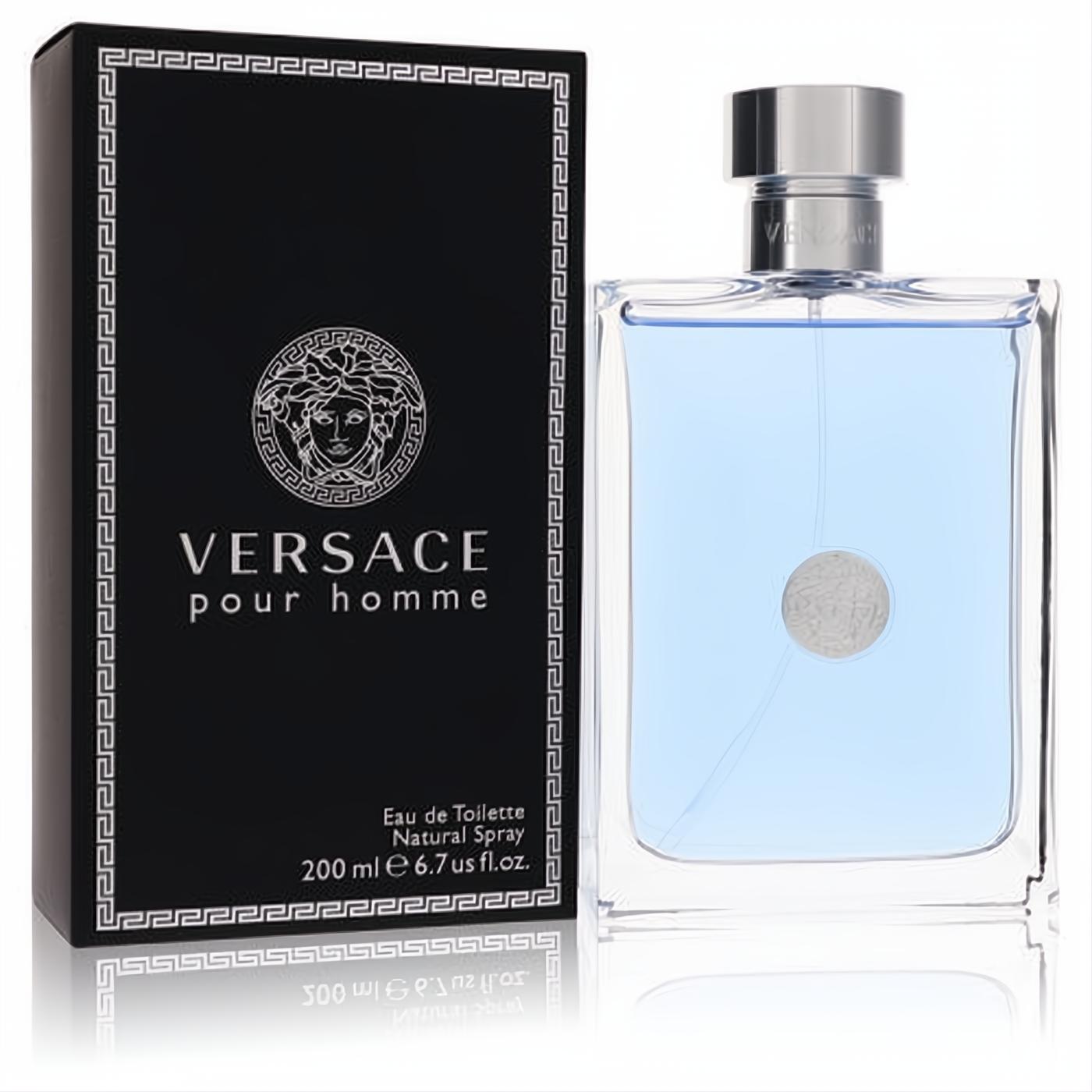 Luxurious Versace Pour Homme 6.7 oz EDT spray. Clear glass bottle with refreshing blue fragrance, silver cap, and iconic Medusa logo. Black box.