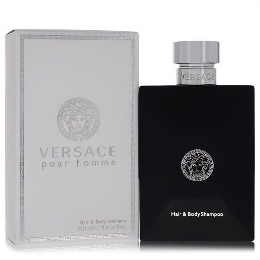 Experience luxury with Versace Pour Homme Hair & Body Shampoo. Bold black 8.4 oz bottle, silver Medusa logo, and matching white box.
