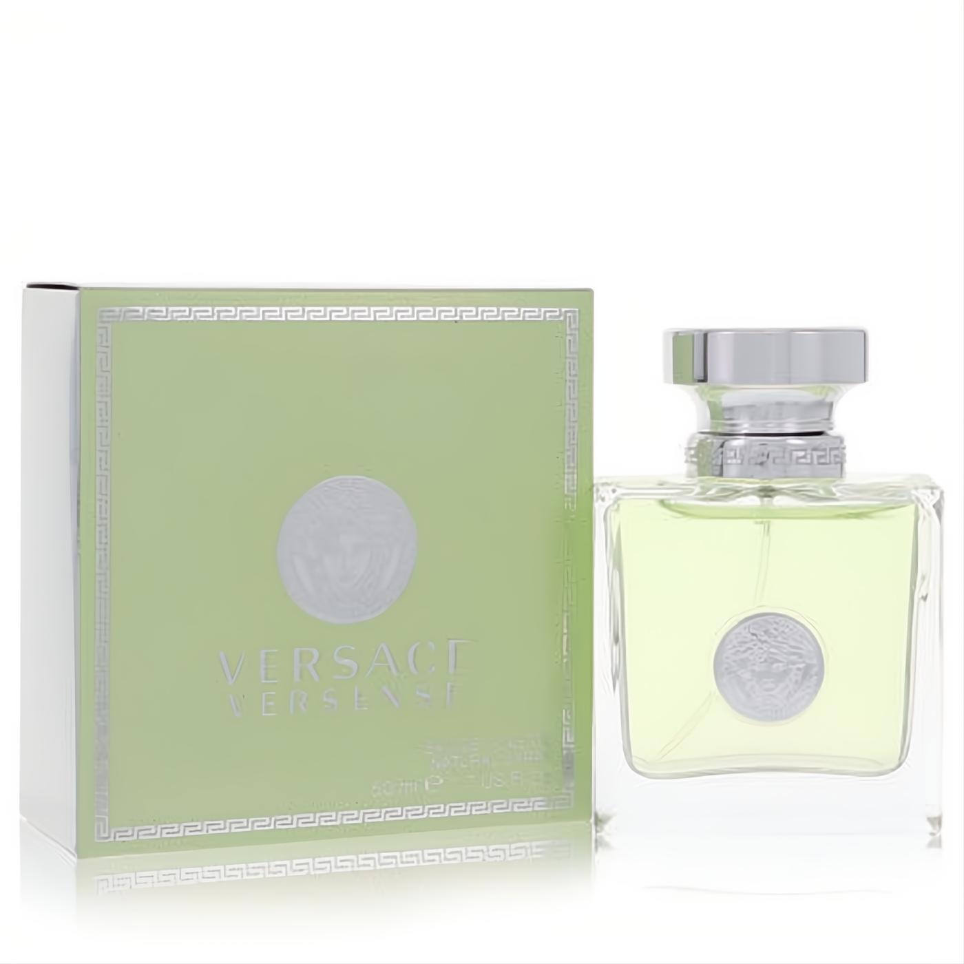 Luxurious Versace Versense 1.7 oz EDT spray. Clear glass bottle with light green liquid, silver Medusa emblem, and elegant Greek key box.