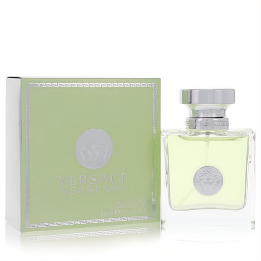 Luxurious Versace Versense 1.7 oz EDT spray. Clear glass bottle with light green liquid, silver Medusa emblem, and elegant Greek key box.