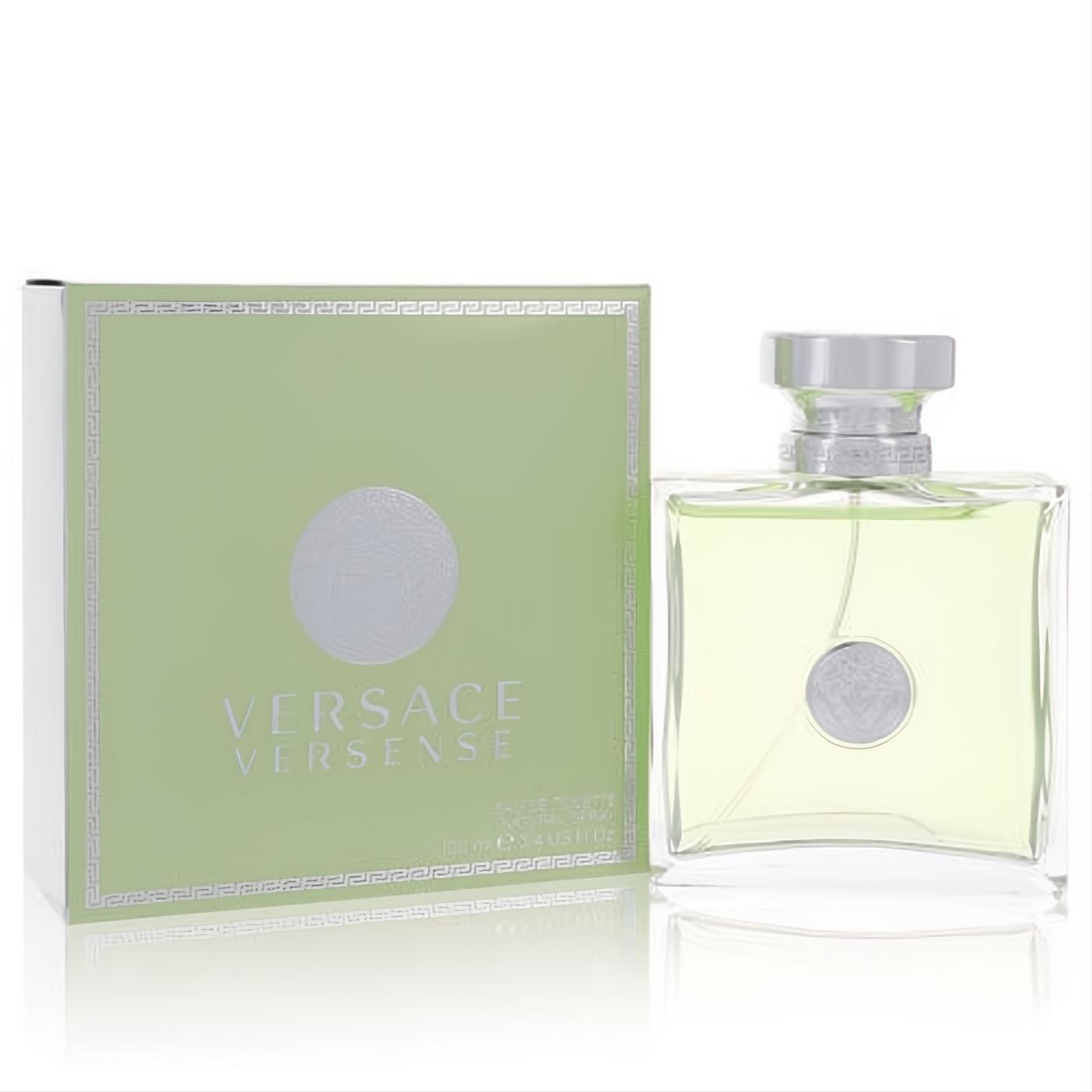 Elegant Versace Versense 3.4 oz EDT. Vibrant light green box with silver Greek key design and sleek clear glass bottle.