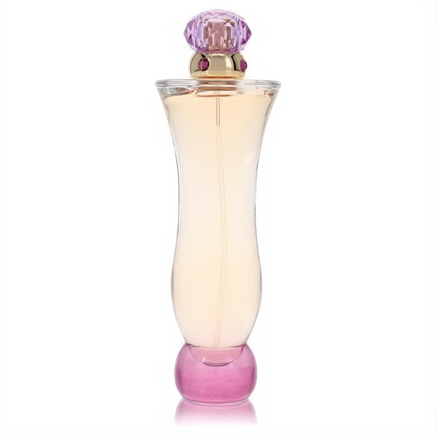 Elegant Versace Woman EDP tester bottle with a graceful curved glass design, warm amber liquid, and a stunning faceted purple cap.