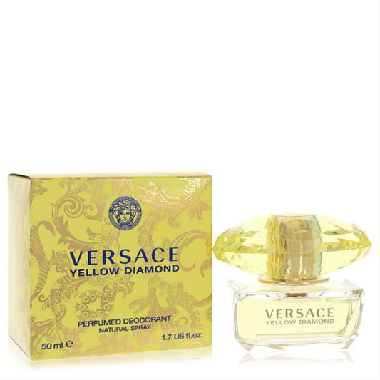 Versace Yellow Diamond 1.7 oz perfumed deodorant spray. Elegant bottle with a radiant yellow diamond cap and ornate gold box.