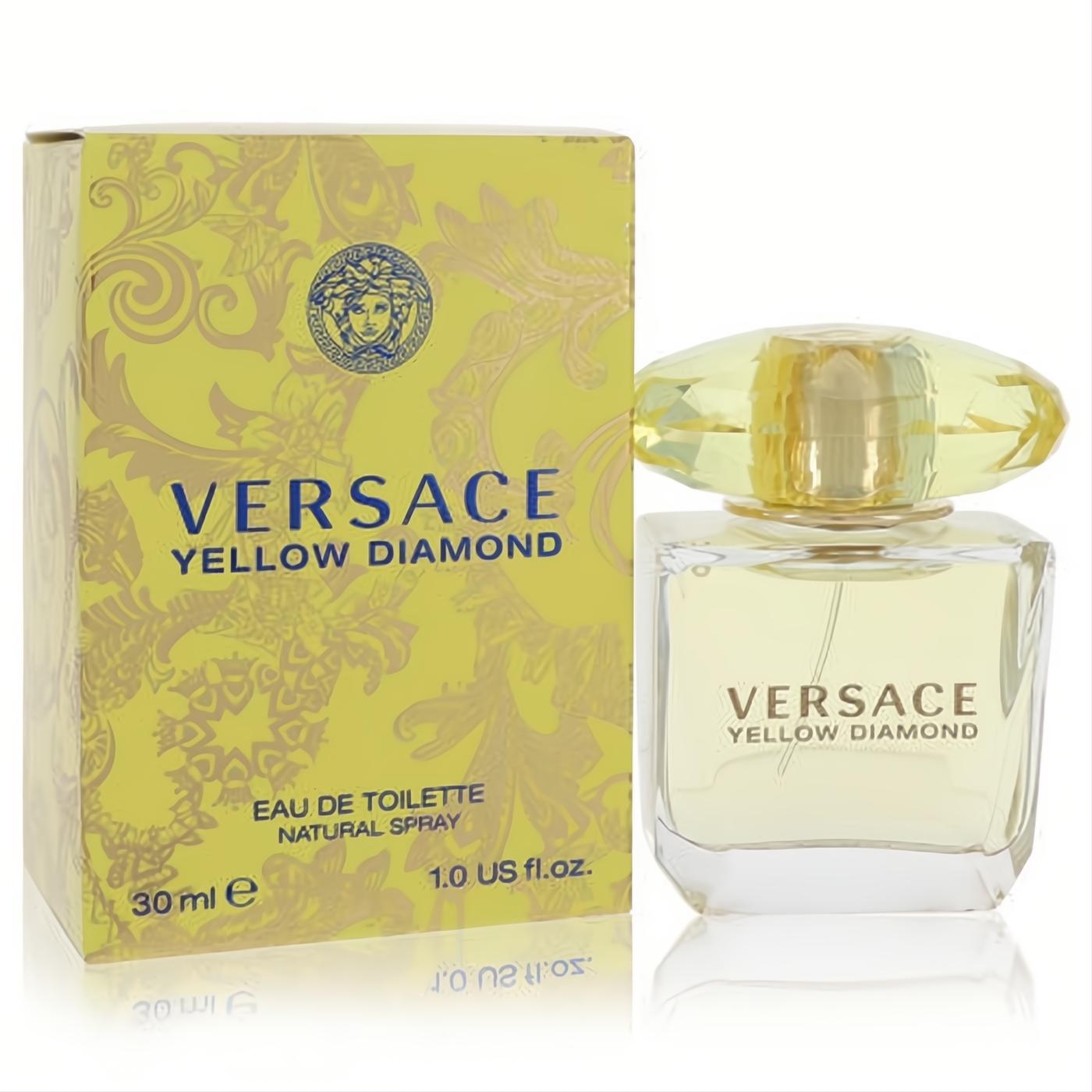Radiant Versace Yellow Diamond 1 oz EDT spray, featuring a luxurious yellow box and elegant clear bottle with a faceted diamond cap.
