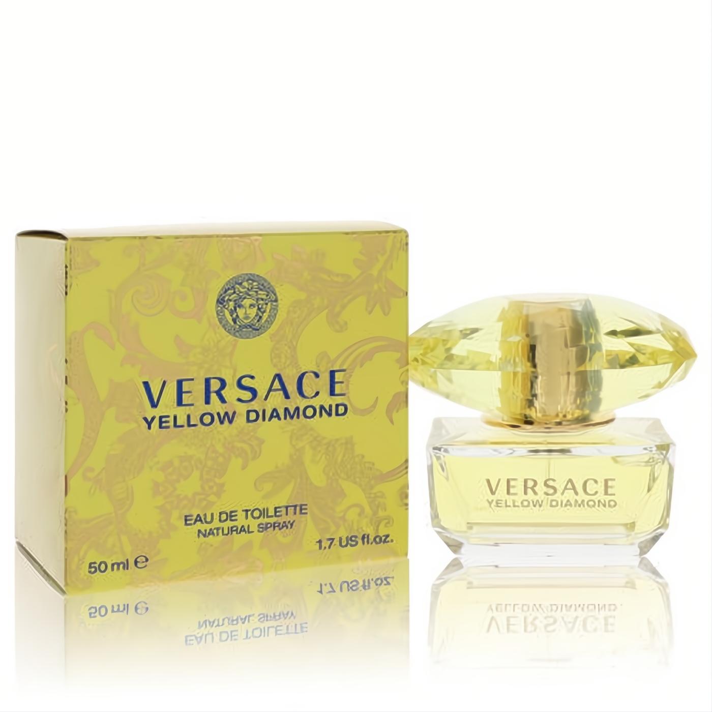 Versace Yellow Diamond 1.7 oz EDT spray: radiant yellow bottle with faceted diamond cap, beside its ornate yellow Medusa box.