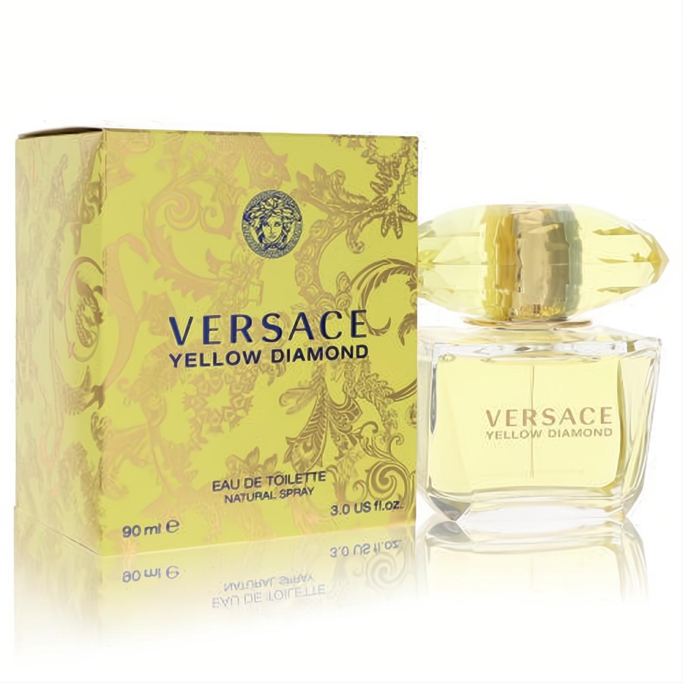 Elegant Versace Yellow Diamond 3 oz EDT in a clear bottle with sparkling yellow diamond cap, beside its luxurious gold-patterned yellow box.