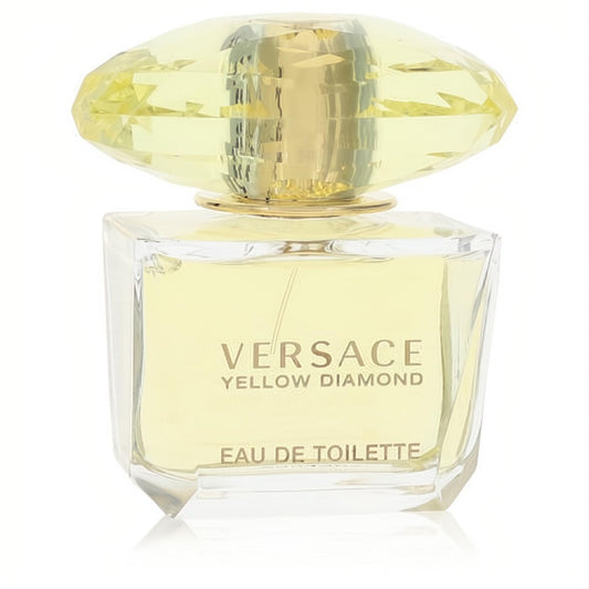 Versace Yellow Diamond women's Eau De Toilette. Luxurious clear glass bottle with a sparkling faceted yellow diamond cap.