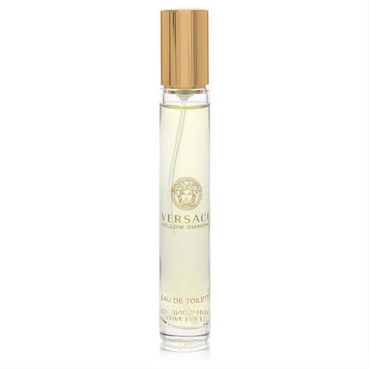Versace Yellow Diamond .33 oz mini EDT travel spray. Clear bottle, radiant pale yellow fragrance, and elegant gold cap.