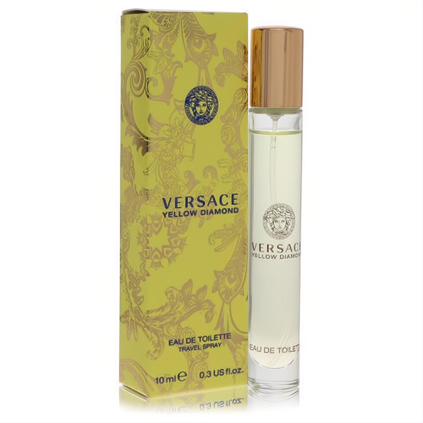 Luxurious Versace Yellow Diamond 0.3 oz EDT travel spray. Clear bottle, gold cap, and vibrant yellow Medusa-pattern box.