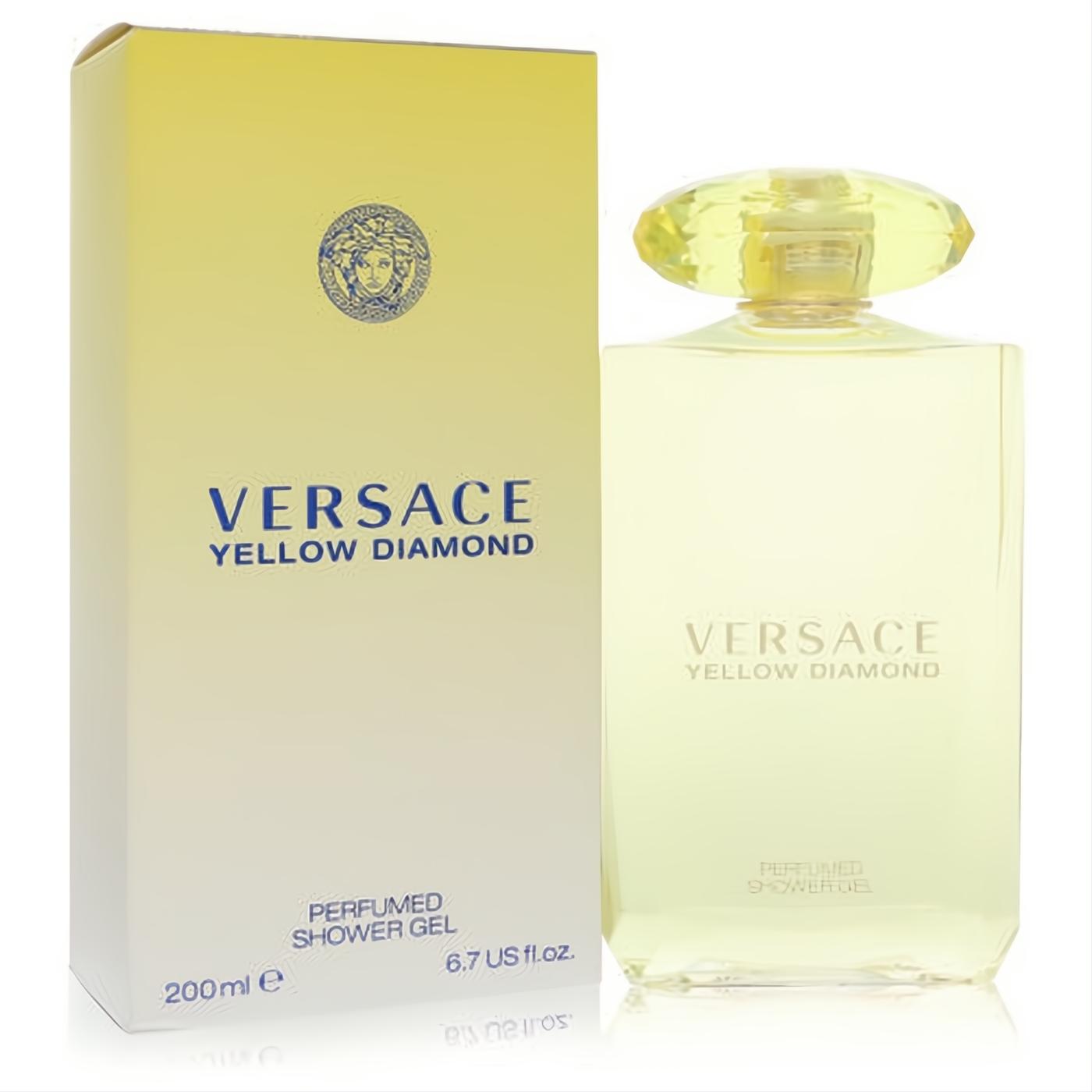 Versace Yellow Diamond 6.7 oz shower gel in a sleek clear bottle with a radiant yellow diamond cap, next to its vibrant yellow box.