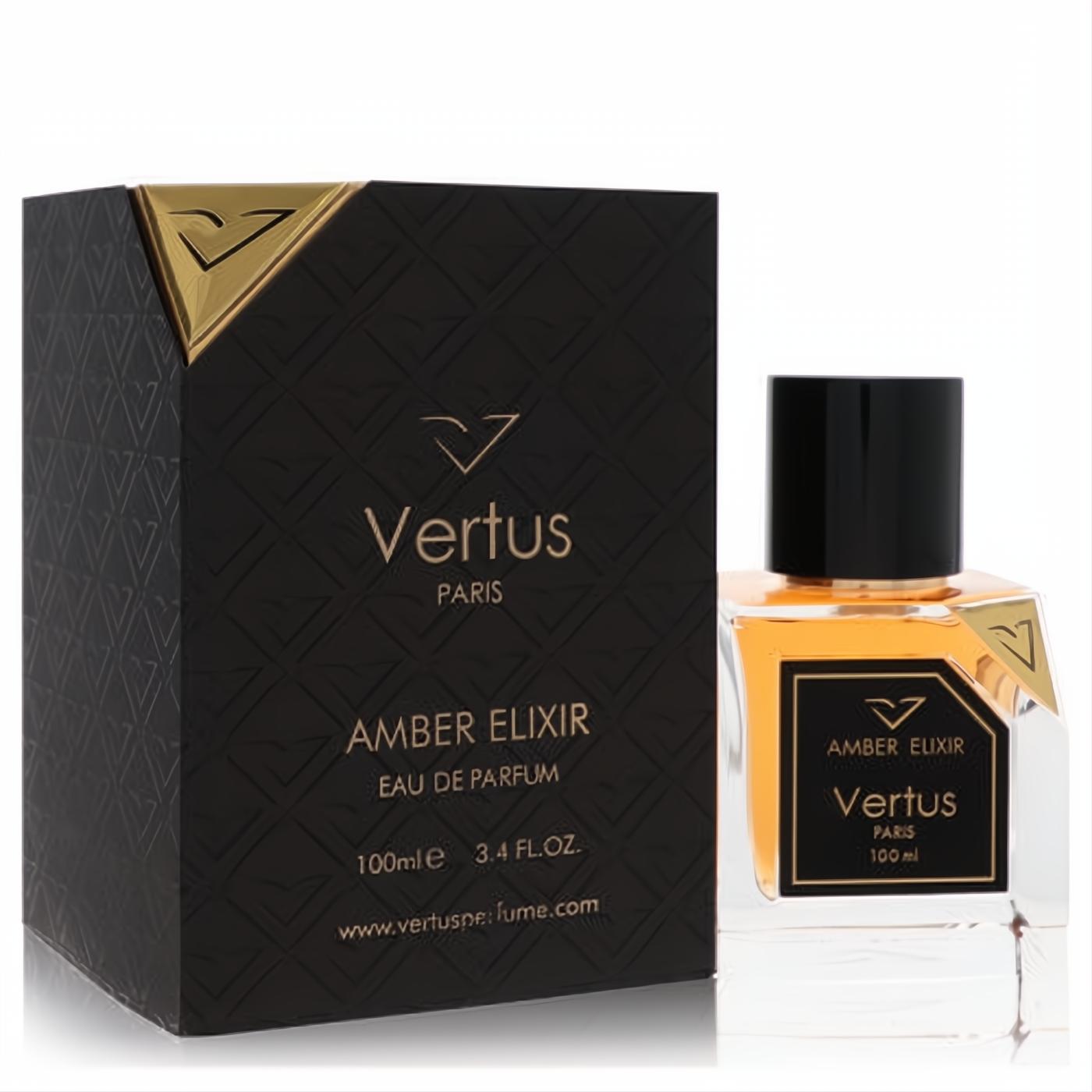 Vertus Amber Elixir 3.4 oz unisex Eau De Parfum spray bottle with rich amber liquid, alongside its elegant black and gold patterned box.