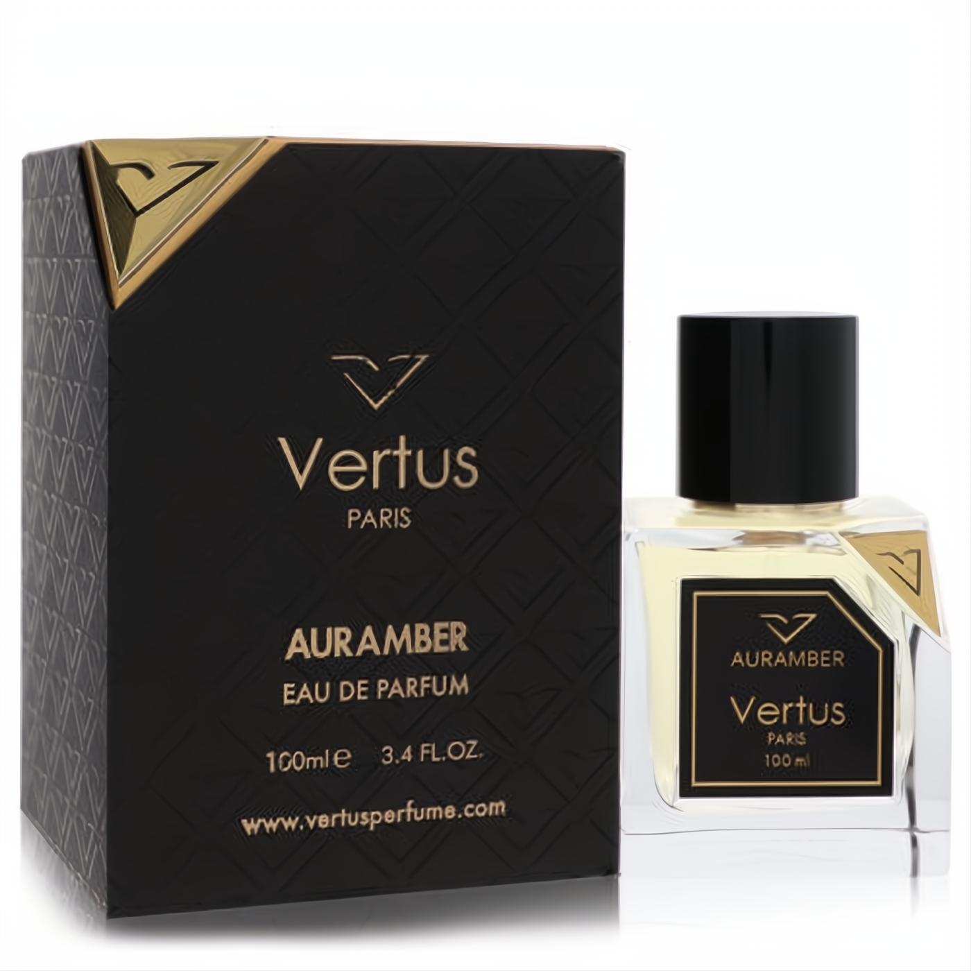 Luxurious Vertus Auramber unisex Eau De Parfum, 3.4 oz. Elegant clear glass bottle with black cap and sophisticated black & gold box.