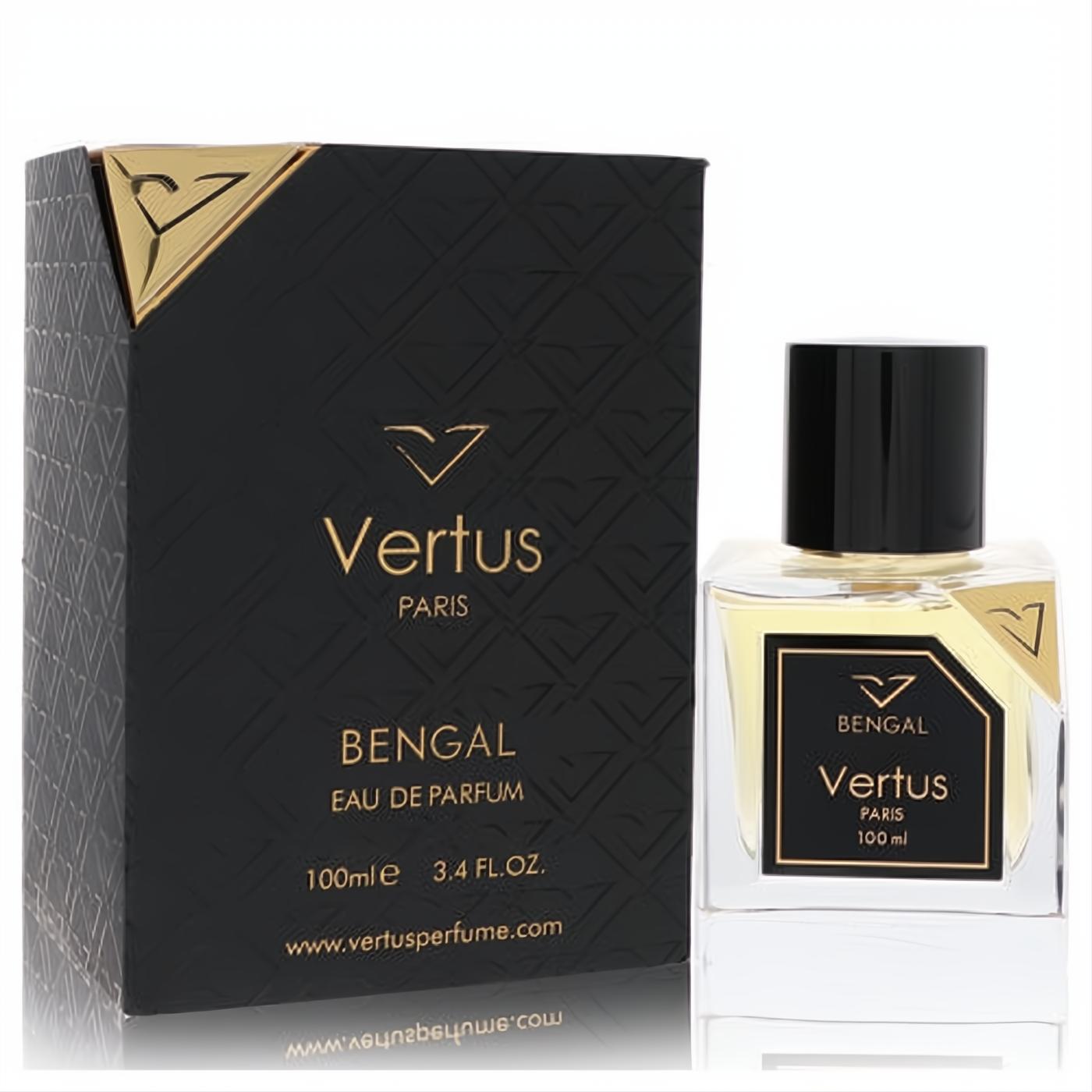 Vertus Bengal 3.4 oz unisex Eau De Parfum. Luxurious black and gold box, sleek clear bottle with black cap.