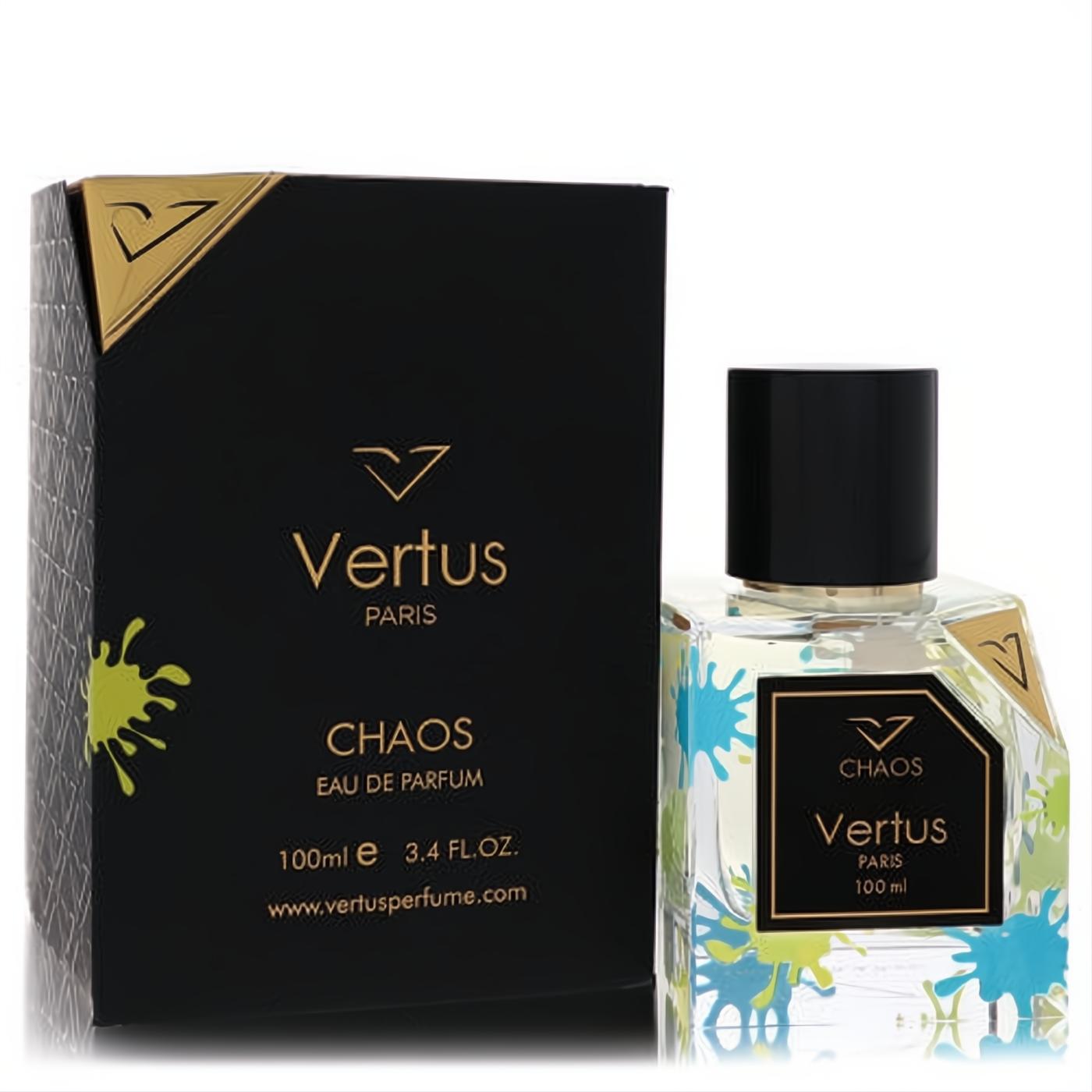 Vertus Chaos 3.4 oz unisex Eau De Parfum. Luxurious black and gold box with clear bottle featuring vibrant green and blue splatter design.