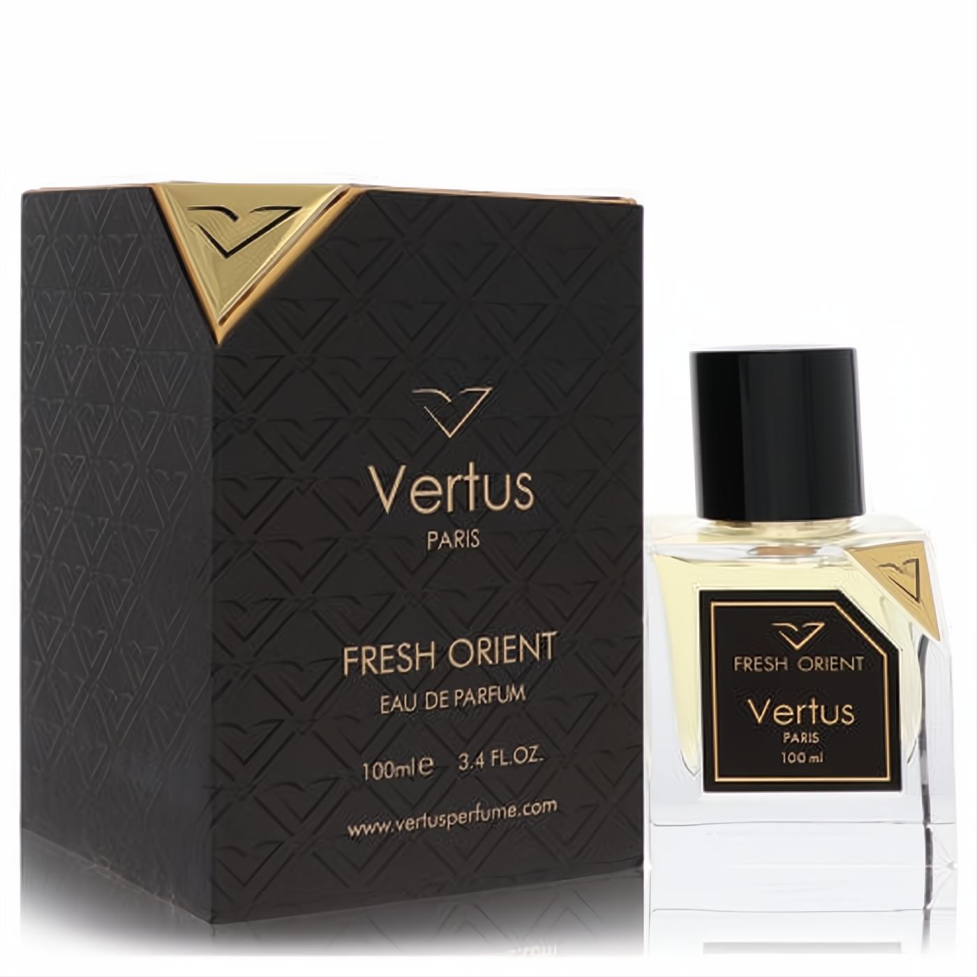 Vertus Fresh Orient 3.4 oz unisex EDP: elegant clear glass bottle with black cap, luxurious black and gold box.