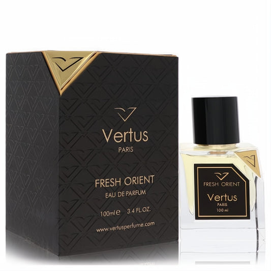 Vertus Fresh Orient 3.4 oz unisex EDP: elegant clear glass bottle with black cap, luxurious black and gold box.