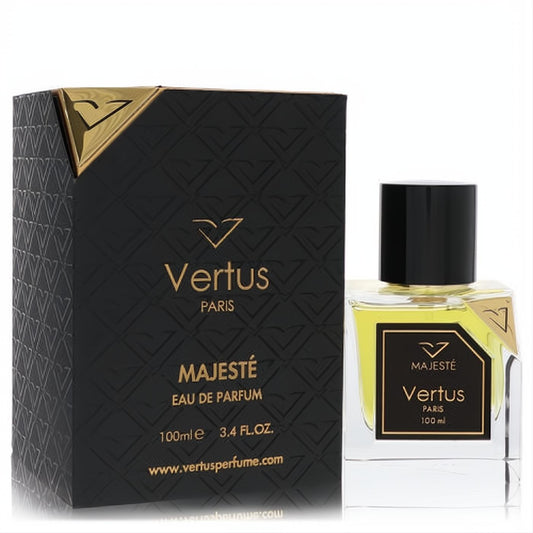 Vertus Majeste 3.4 oz Eau De Parfum. Elegant clear glass bottle with black label, paired with a luxurious black and gold patterned box.