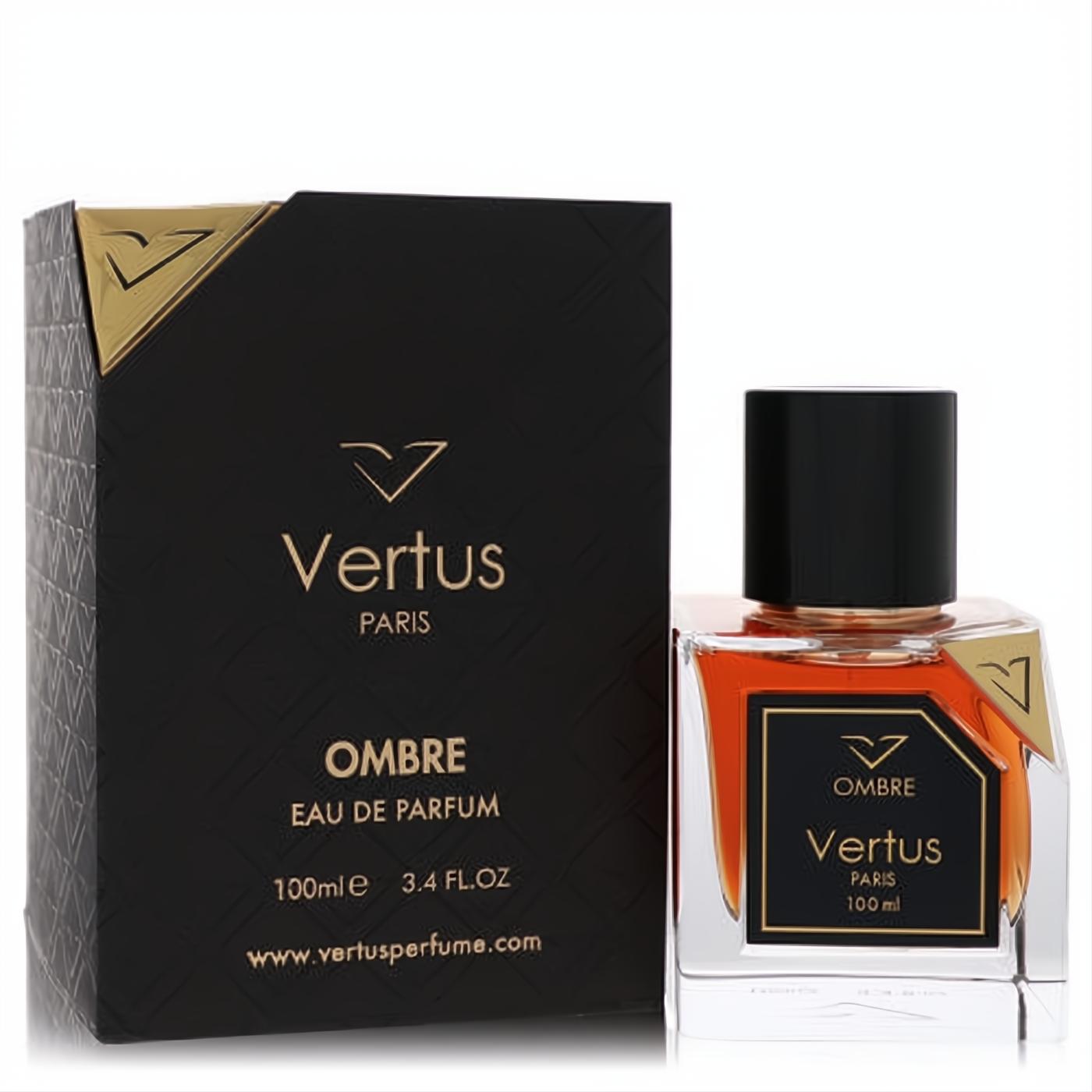 Luxurious Vertus Ombre 3.4 oz unisex Eau De Parfum. Elegant black and gold box, clear glass bottle with warm amber liquid.