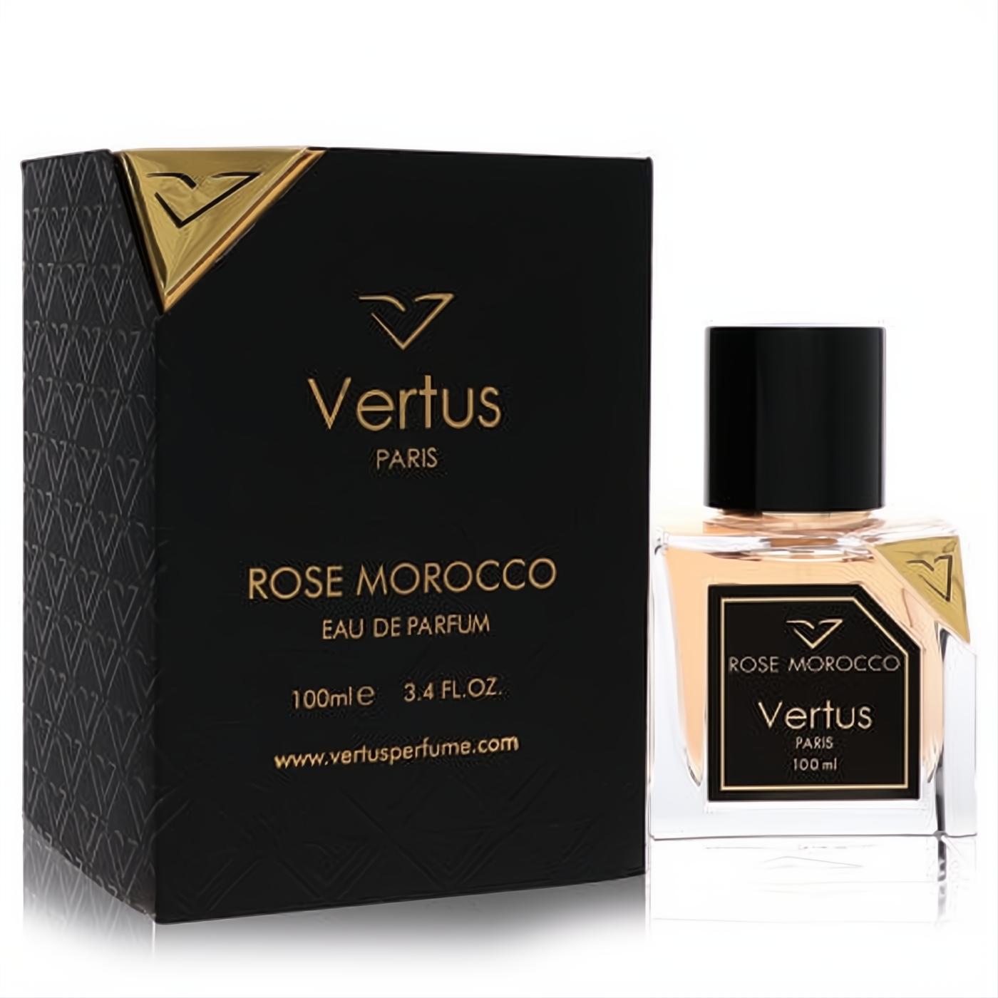 Indulge in Vertus Rose Morocco unisex eau de parfum, 3.4 oz. Luxurious black and gold box, sleek clear glass bottle.