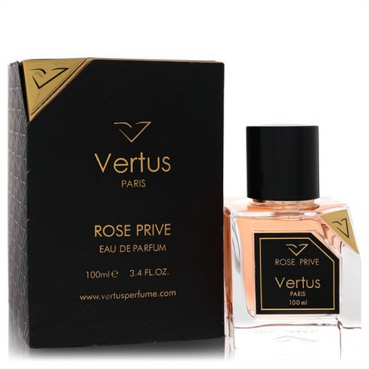 Luxurious Vertus Rose Prive 3.4 oz Eau De Parfum. Elegant clear glass bottle with rose-tinted fragrance, beside a sleek black and gold box.