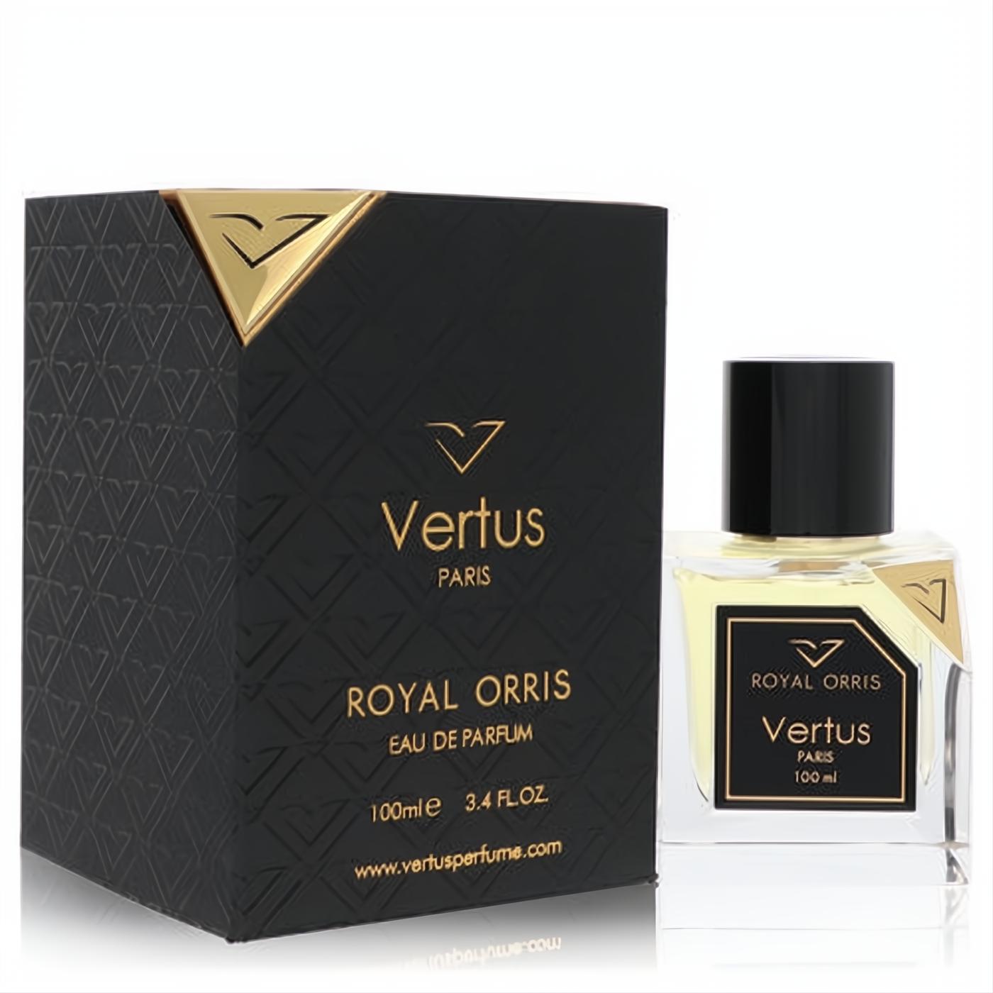 Luxurious Vertus Royal Orris 3.4 oz unisex Eau De Parfum. Elegant black box with gold V-pattern and clear glass bottle.