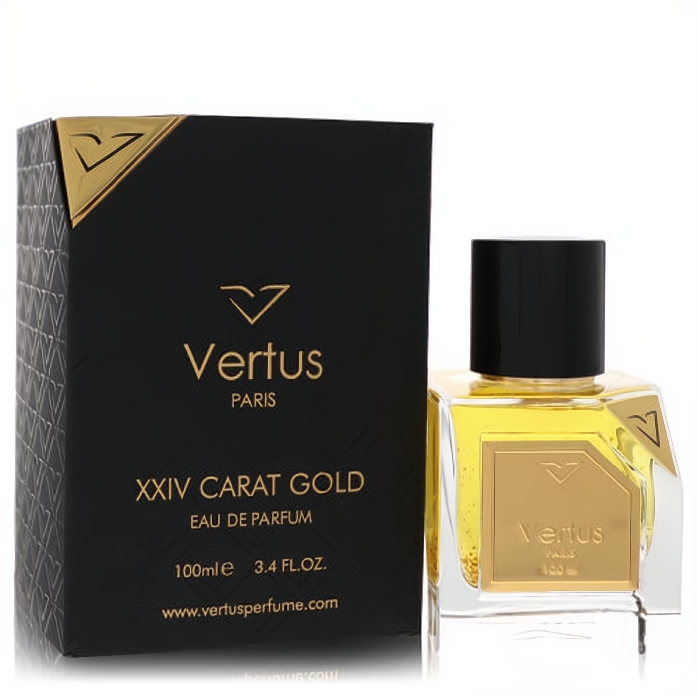 Elegant Vertus XXIV Carat Gold Eau De Parfum, 3.4 oz. Features a sleek black and gold box and clear glass bottle with golden liquid.