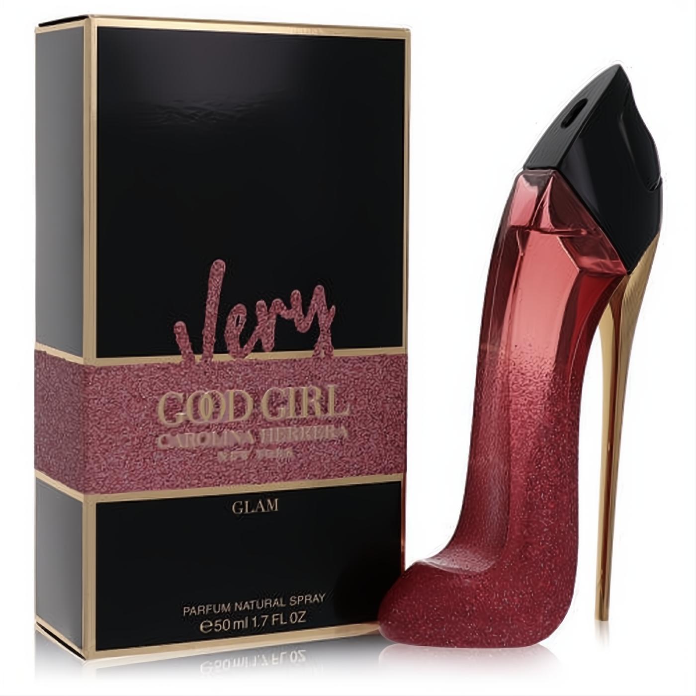 Very Good Girl Glam 1.7 oz EDP. Dazzling red glitter high-heel bottle with gold heel, beside its elegant black box with pink glitter band.