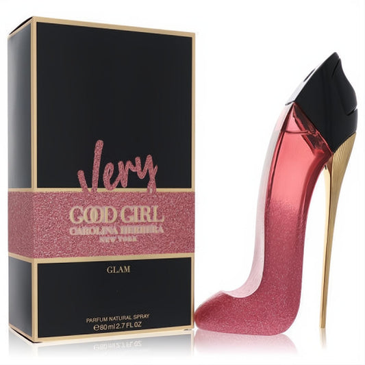Carolina Herrera Very Good Girl Glam 2.7 oz EDP spray in a dazzling glittery pink high-heel bottle with black and gold accents.
