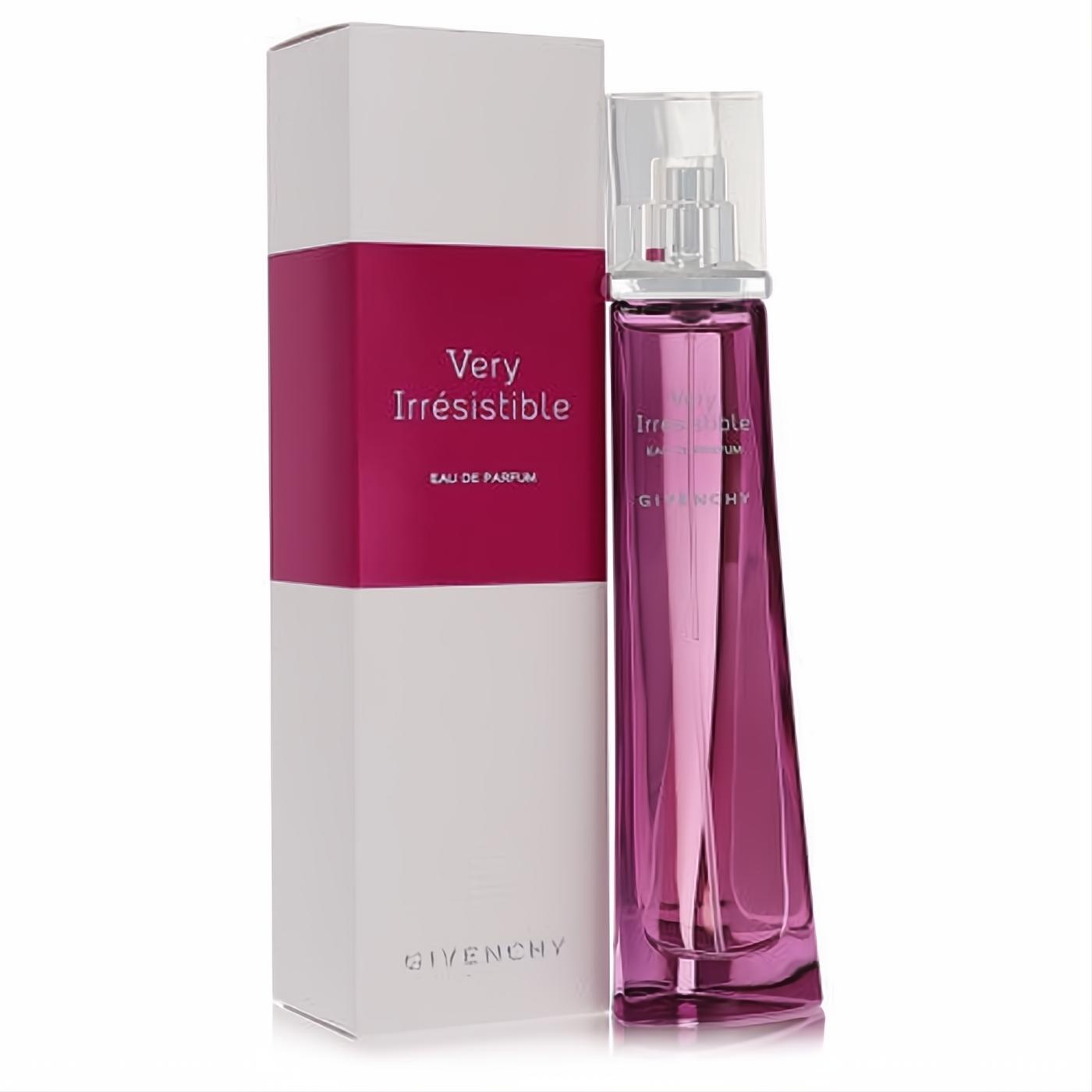 Experience Givenchy Very Irresistible Sensual EDP. Elegant magenta glass spray bottle with silver top and matching white box.