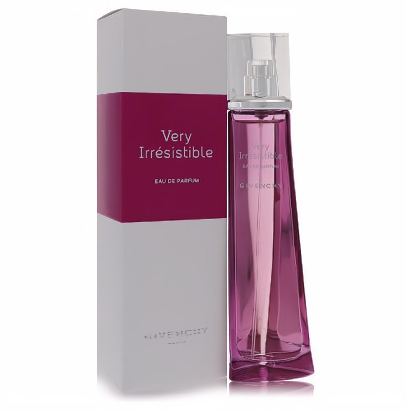 Elegant Givenchy Very Irresistible Sensual 2.5 oz EDP in a stunning magenta glass bottle with a sleek, twisted design, beside its chic box.