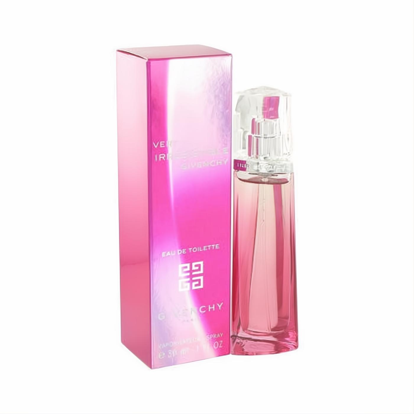 Elegant pink Givenchy Very Irresistible 1 oz EDT spray in a sleek glass bottle with its vibrant matching box.
