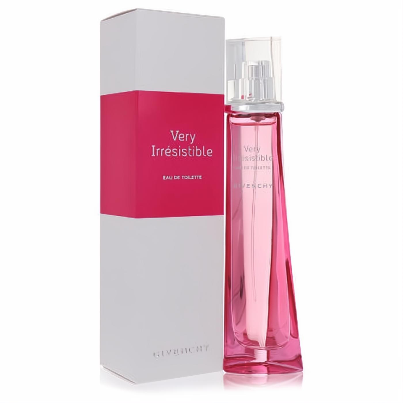 Captivating Givenchy Very Irresistible 1.7 oz Eau De Toilette. Sleek pink glass spray bottle and elegant white box with vibrant pink branding.