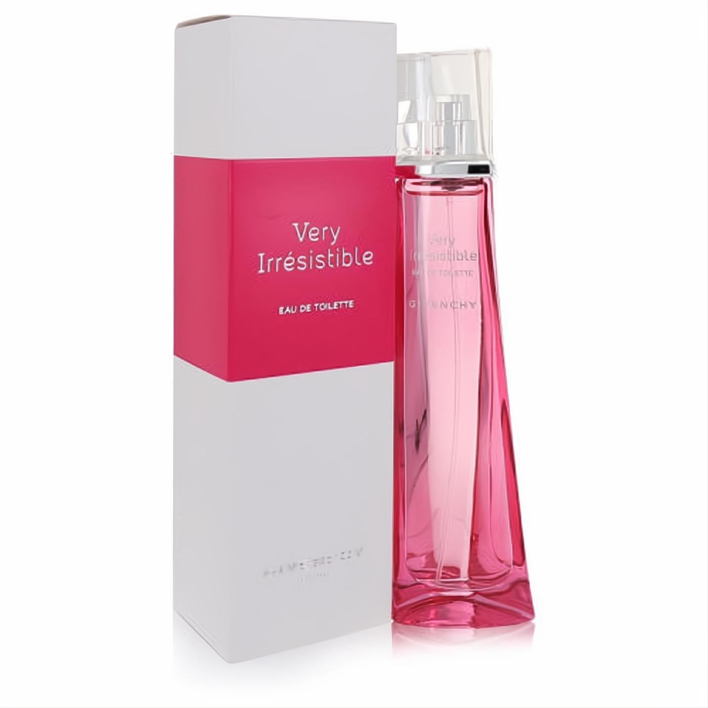 Discover Givenchy Very Irresistible Eau De Toilette. Chic pink glass spray bottle and vibrant fuchsia-banded white box.