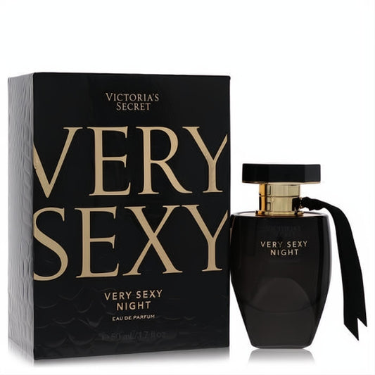 Victoria's Secret Very Sexy Night 1.7 oz EDP. Luxurious black bottle with gold accents, elegant ribbon, and matching textured box.
