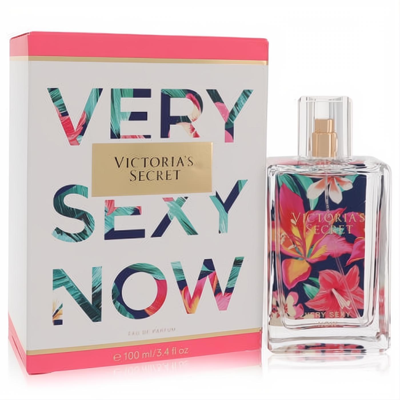 Victoria's Secret Very Sexy Now 3.4 oz EDP for women. Clear bottle with vibrant tropical floral art, gold sprayer, and matching pink-trimmed box.