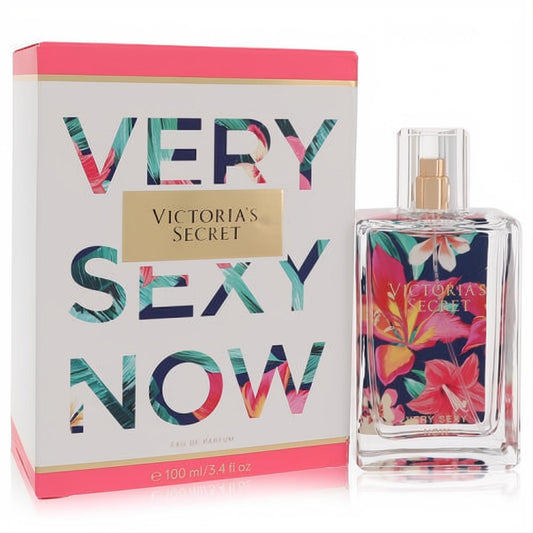 Victoria's Secret Very Sexy Now 3.4 oz EDP for women. Clear bottle with vibrant tropical floral art, gold sprayer, and matching pink-trimmed box.