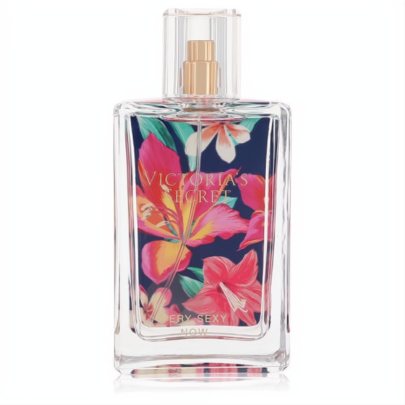 Victoria's Secret Very Sexy Now 3.4 oz women's EDP. Elegant clear bottle with a stunning navy, pink, and green tropical floral print.