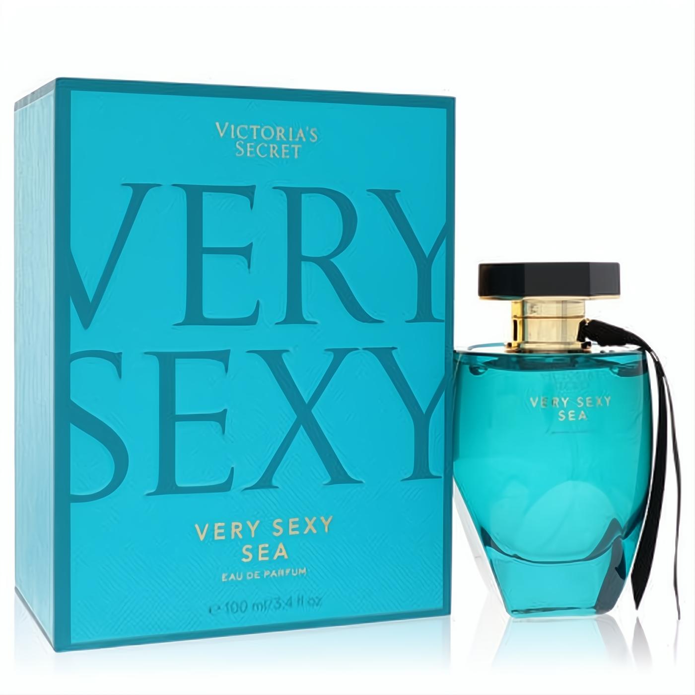 Luxurious Victoria's Secret Very Sexy Sea 3.4 oz women's perfume. Turquoise faceted bottle with gold and black accents, beside matching box.