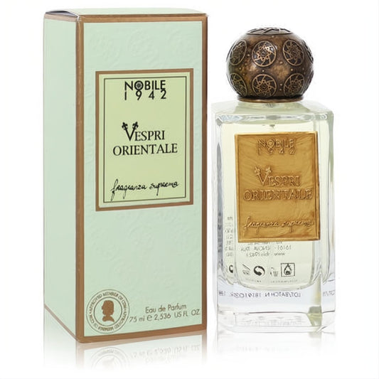 Nobile 1942 Vespri Orientale 75ml unisex EDP. Clear bottle, ornate bronze cap, light liquid, and elegant green-gold box.